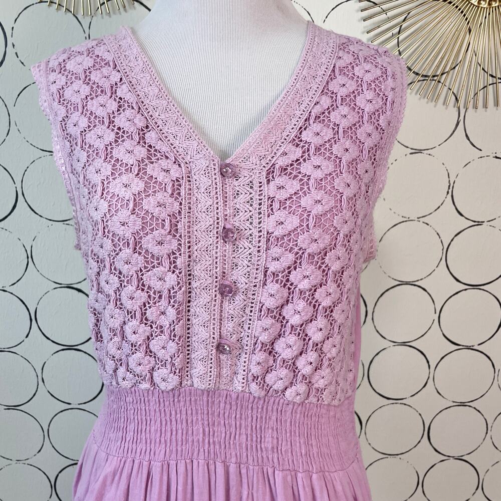 Crochet Tiered Maxi Dress Womens L Pink Purple Cottage Boho Romantic Cotton - Picture 7 of 15